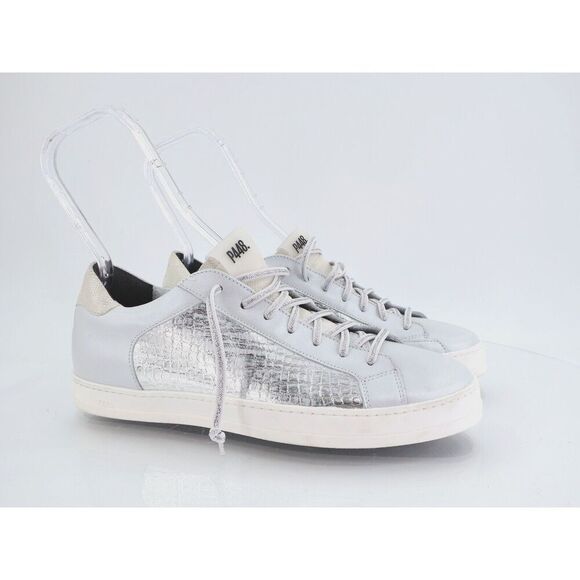 P448 John T Grey Leather Gray Silver Croc Embossed Low Top Sneakers Size 42 11 - Picture 1 of 12